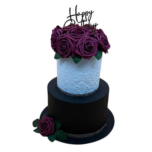 2 Tier Black and White Fake Cake with Burgundy Flowers