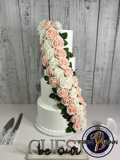 4 Tier White Fake Cake with Pink and White Roses